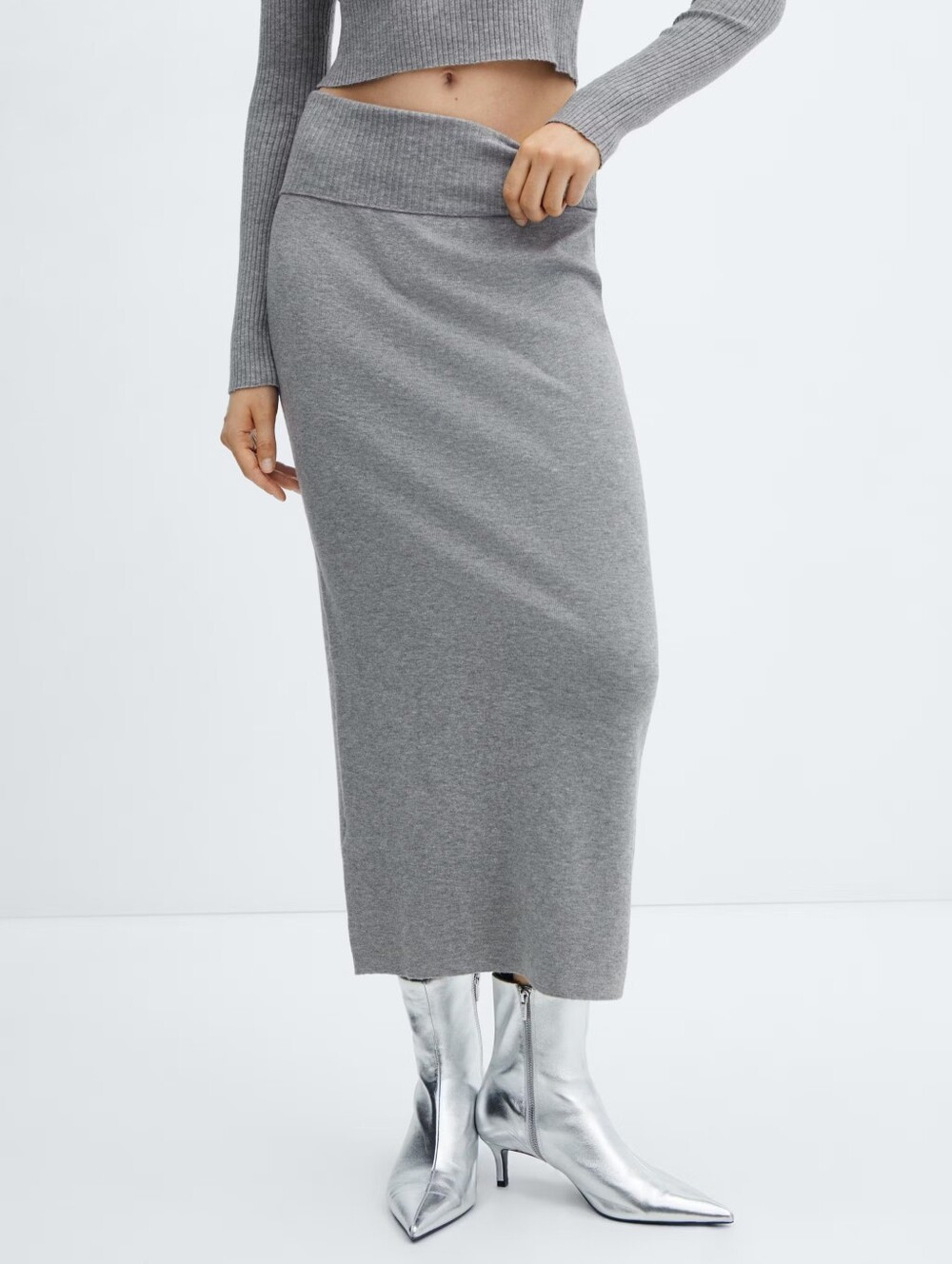 MANGO Long Knitted Midi Skirt Heather Grey Size S Fold-Over Waist
